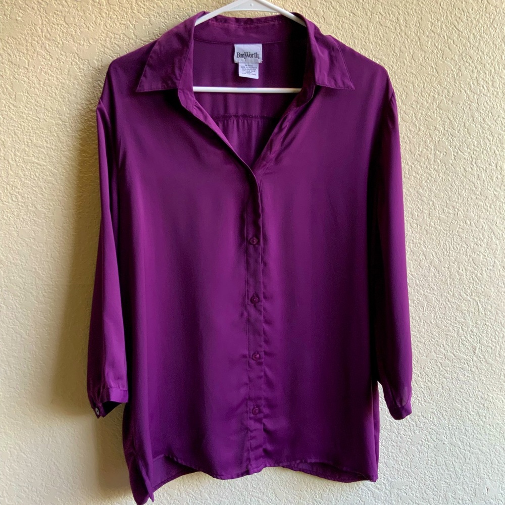 3/4 sleeve Eggplant button up collared blouse